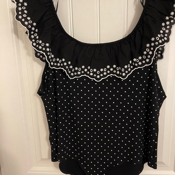 BODYSUIT LC LAUREN CONRAD-BLACK ALLOVER WHITE Polkadot NWT 92% rayon 8% spandex - Picture 7 of 10